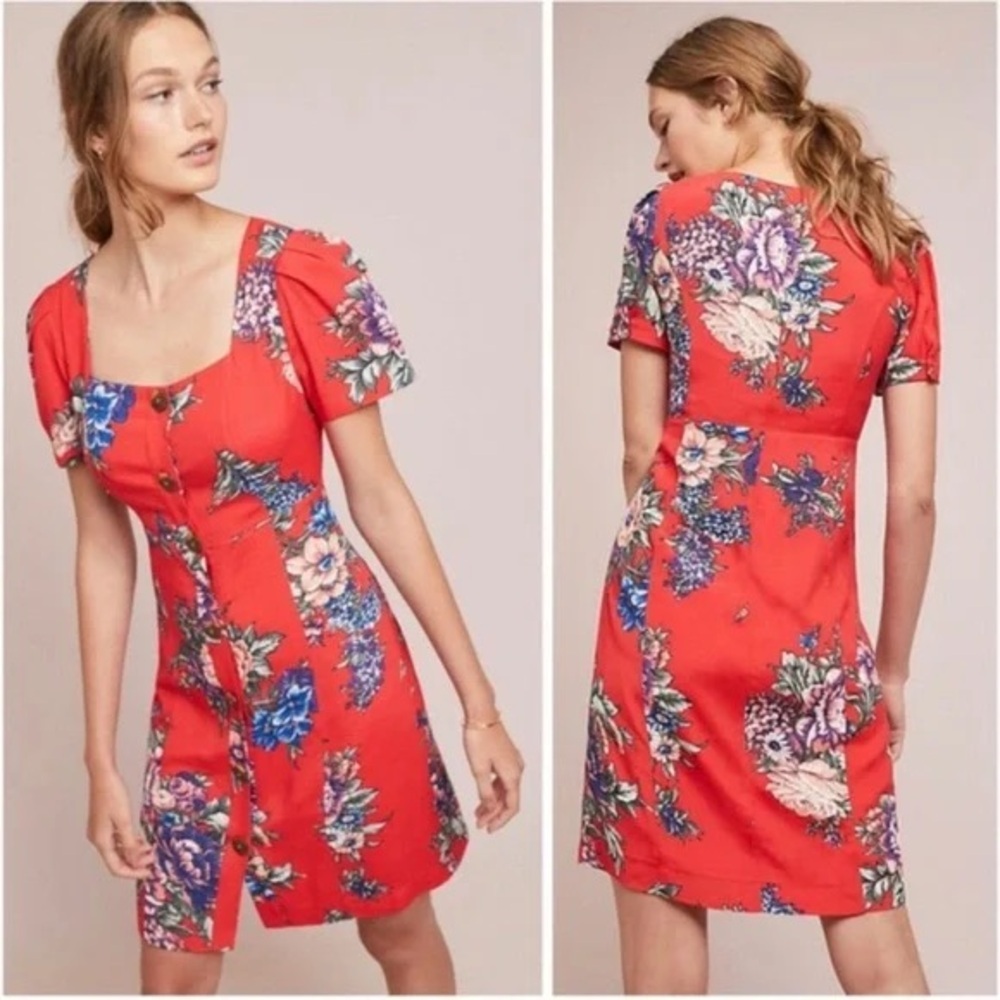 Anthropologie Maeve Caldwell Buttondown Dress Floral Red Boho Size 0 XXS XS